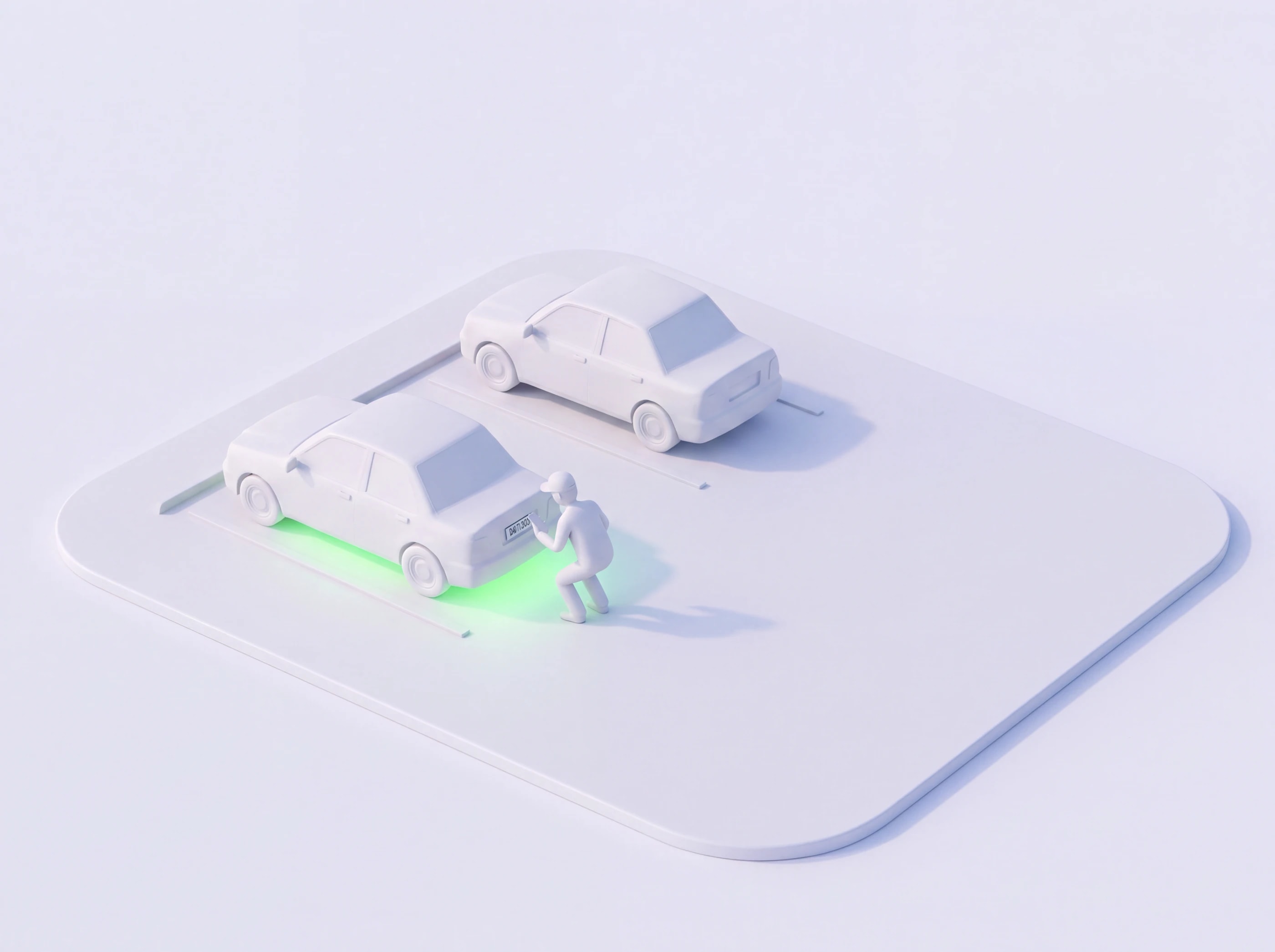 Maquette blanche : le concierge, accroupi derrière une voiture autorisée, vérifie la plaque arrière avec son téléphone