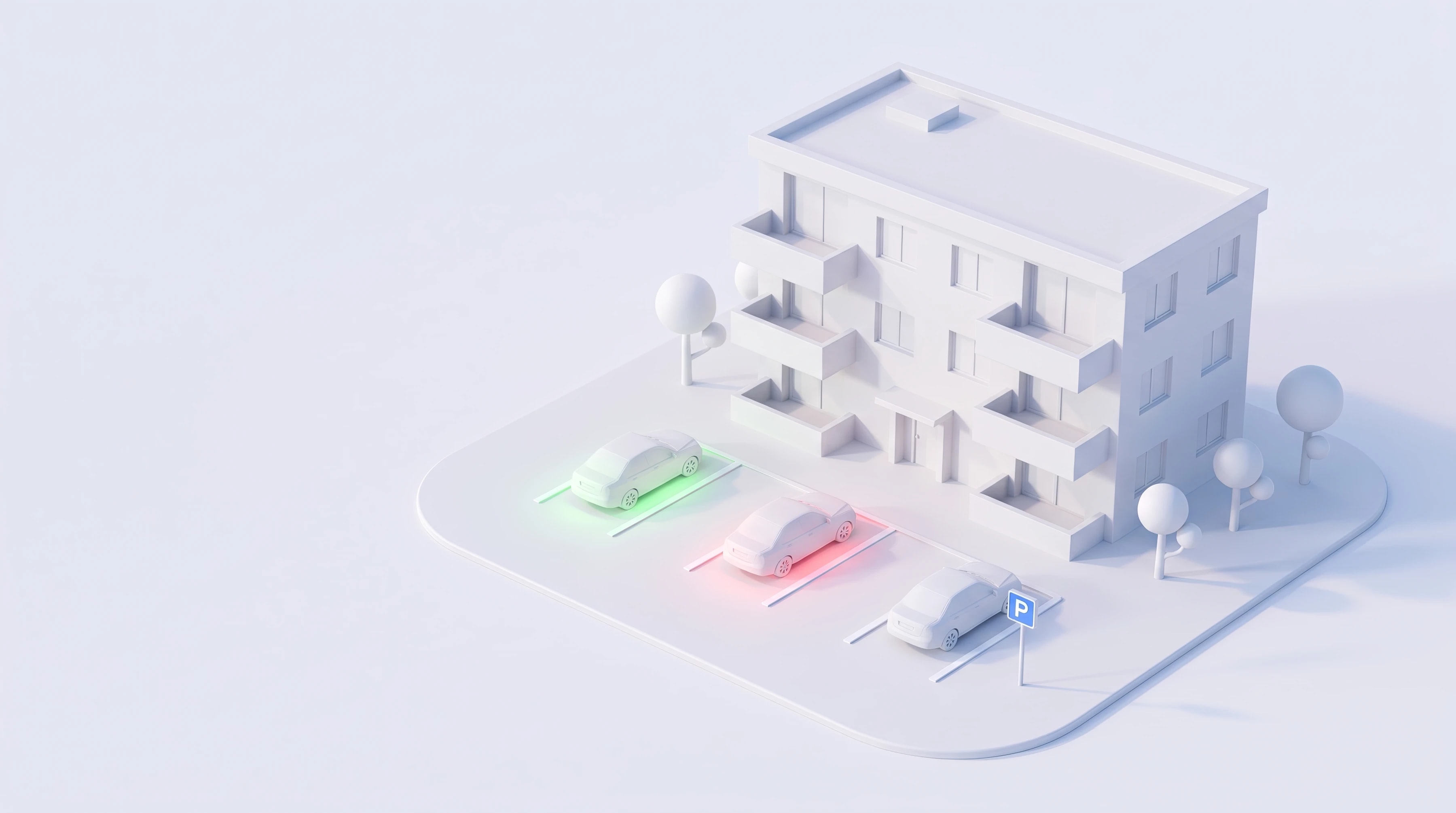 Maquette blanche d'un immeuble en copropriété et de ses places visiteurs : une voiture autorisée en vert, une non annoncée en rouge, un panneau P bleu