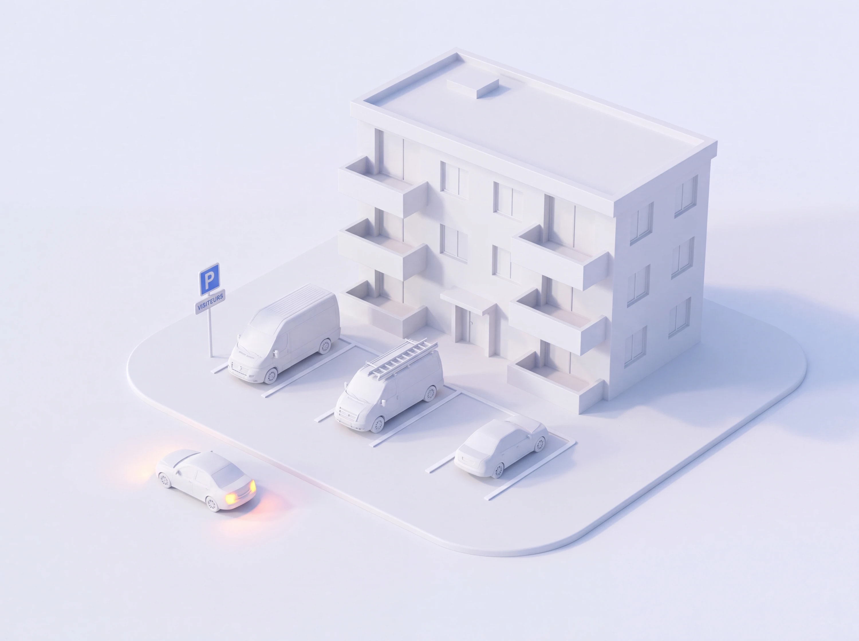 Maquette blanche : les places visiteurs, signalées par le panneau P Visiteurs, sont prises par une camionnette de livraison et un véhicule de chantier, pendant qu'un visiteur attend sur la route